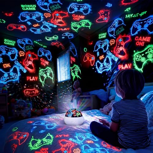 Lewtemi Gaming Room Decor Night Light for Boys 2 in 1 Game Controller Projector Lamp with 360° Rotating Ceiling Starry Sky Game Projection LED Nightlight for Kids Gaming Room, Two Ways to Charge