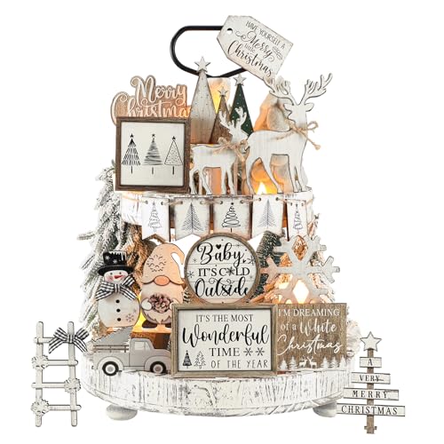 Shellwei 20 Pcs Neutral Christmas Tiered Tray Decor Rustic Winter Tiered Tray Farmhouse Christmas Decoration Xmas Trees Gnome Elk Snowflake Wooden Signs for Home Table Shelf