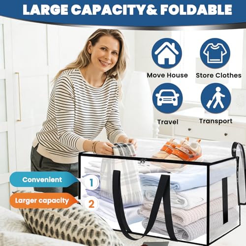 6 Stück Große Aufbewahrungstasche, Transparent Umzugstaschen 90 L, mit Reißverschluss und Tragegriffen, langlebige Lager- & Transporthilfe für Kleidung, Bettwäsche, Umzug