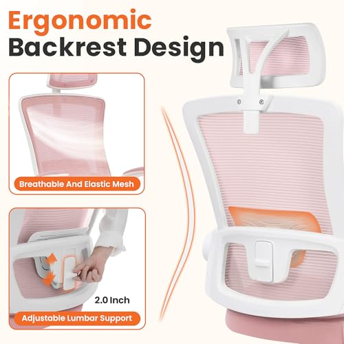 Image of NEO CHAIR Ergonomic Office Desk Chair High Back Computer Gaming Mesh Chair with Comfy Task Adjustable Arms Lumbar Support Headrest Swivel for Home Office (Pink)