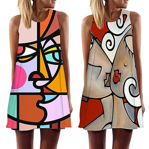 Robe d'été sans manches fluide et mini robe décontractée col rond imprimée