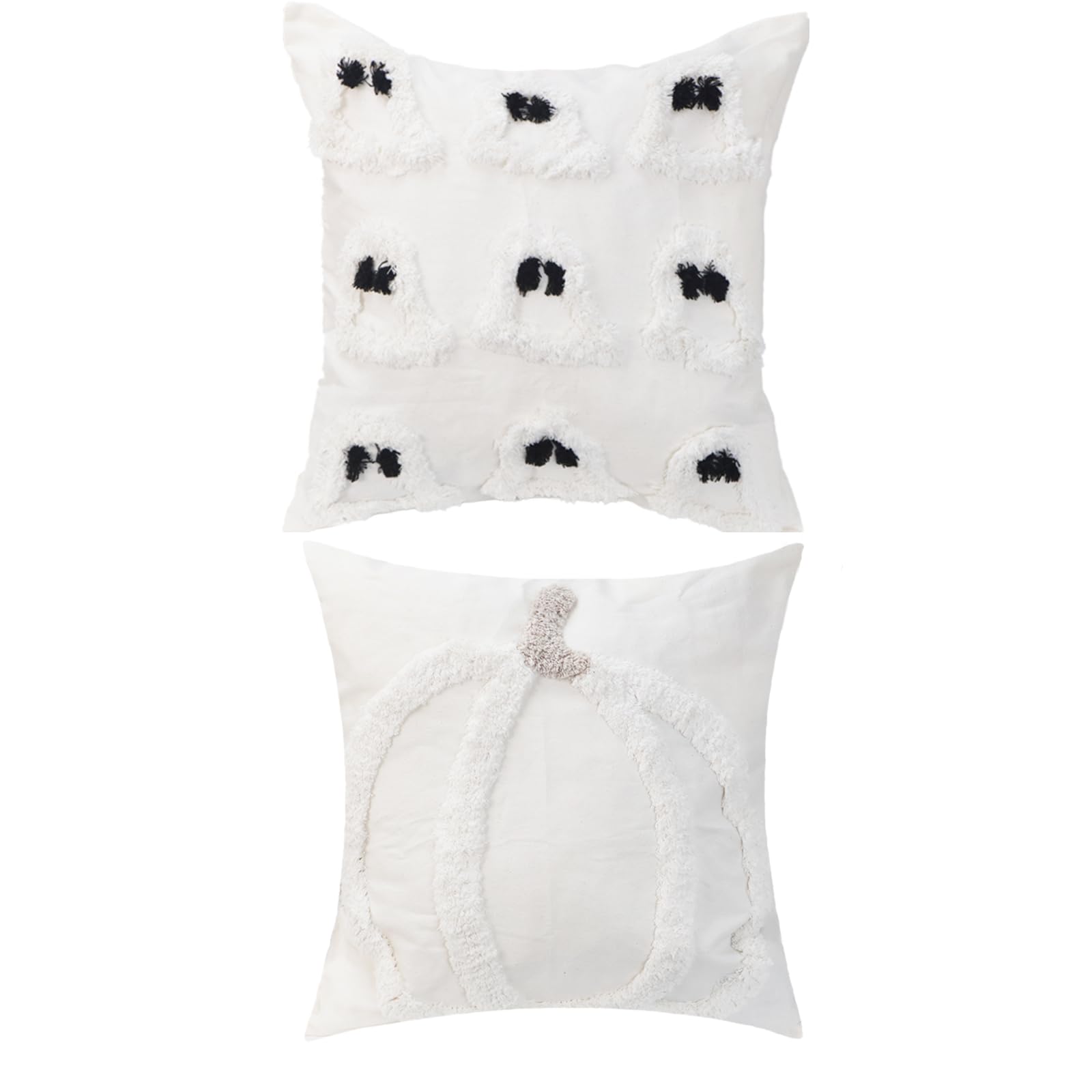 - 2 Pieces of 18x18 Inch White Pillowcases: One Features a White Ghost Pattern, The Other a Pumpkin Design. Ideal for Sofas, Beds, and Chairs, or as a for Parties.