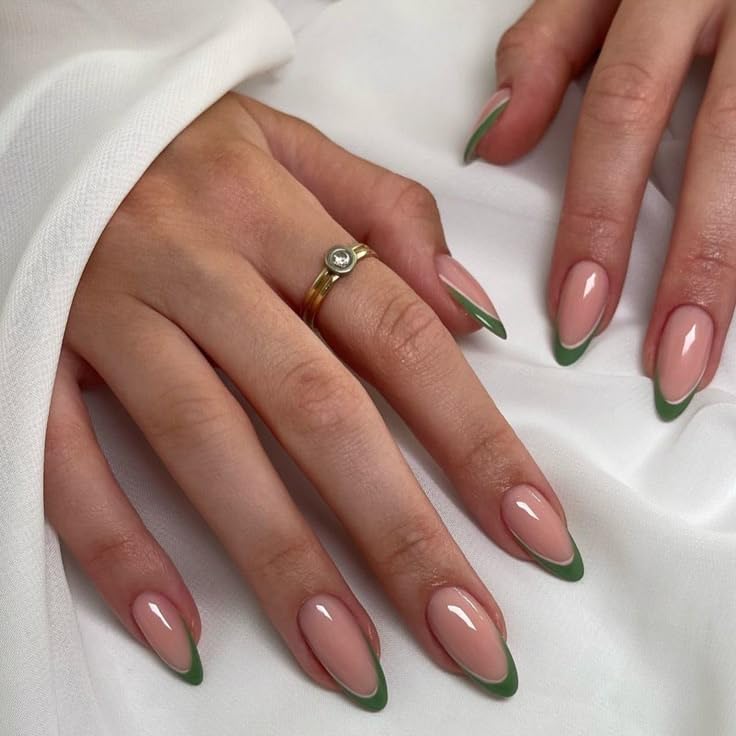 24 Pcs Chic Garden Escape Long Almond Shape Natural Pink with Green Tip Press On Nail Set,Medium Fake Nails,French Tip False Nails,Stick On Nails For Quick Manicure, Artificial Nails For Special Occasions-image-7