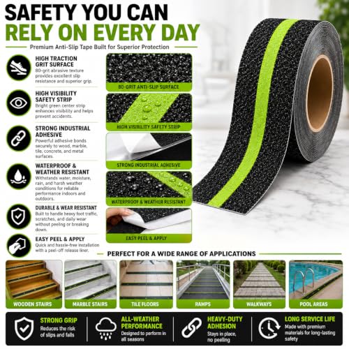 Image of YORWE Anti Slip Stair Tape with Glow in the Dark Strip - Heavy Duty Waterproof Non Slip Traction Tape for Stairs, Steps, Outdoor & Indoor Safety (Black and Green, 15 Meter)