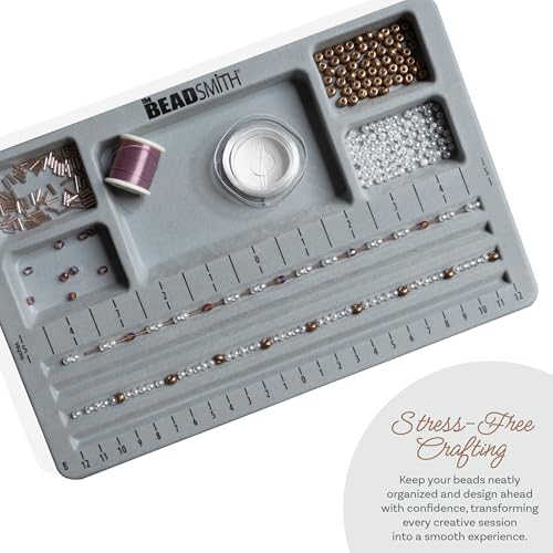 Image of The Beadsmith Mini Bead Board, Grey Flocked | 4 Straight Channels, 5 Recessed Compartments, 7.75 x 11.25 inches, Design Boards for Creating Bracelets, Necklaces and More