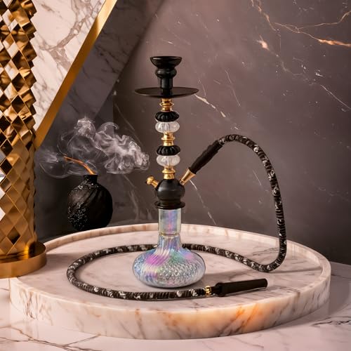 Image of Rainbow Metallic Glass Base, Black and Gold Stem, Complete with Hose and Bowl