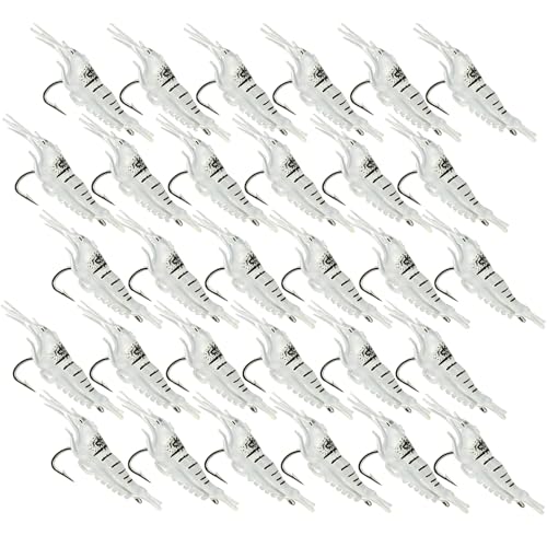 30PCS Fake Soft Shrimp Lures Baits with Fishhook, Pre-Rigged Jigs Realistic Fishing Baits Lures for Freshwater Saltwater/Super Durable & Reusable Fish Gear Lure for Bass Salmon Trout/1.7Inch/Clear