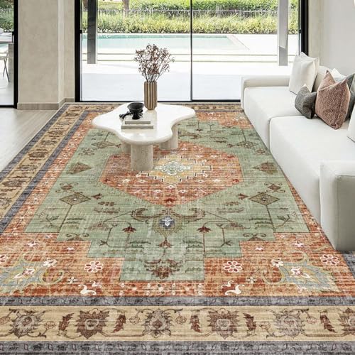 Washable Boho Area Rug Red Rust Green Large Living Room
