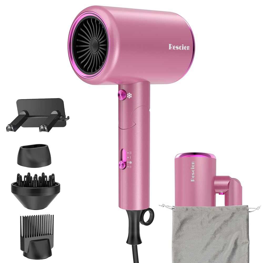 Haartrockner Ionen 2400W Föhn Fön mit 3 Aufsätze &Reisebeutel&Halter, Rosa | Föhn Fön Schnelltrocknen [leicht & kompakt] Profi Reisefön mit Heiß-/Kalttaste, 3 Heiz,3 Geschwindigkeiten / Salon Haarföhn