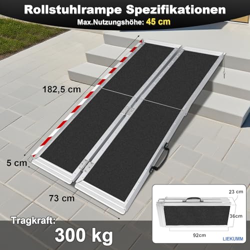 LIEKUMM Rollstuhlrampe 182,5 cm, 300 kg Tragkraft Aluminium Auffahrrampe rutschfest, Rollstuhlrampe für Treppen, Tragbare Rampe für Rollstuhl, Türschwellen, Zuhause