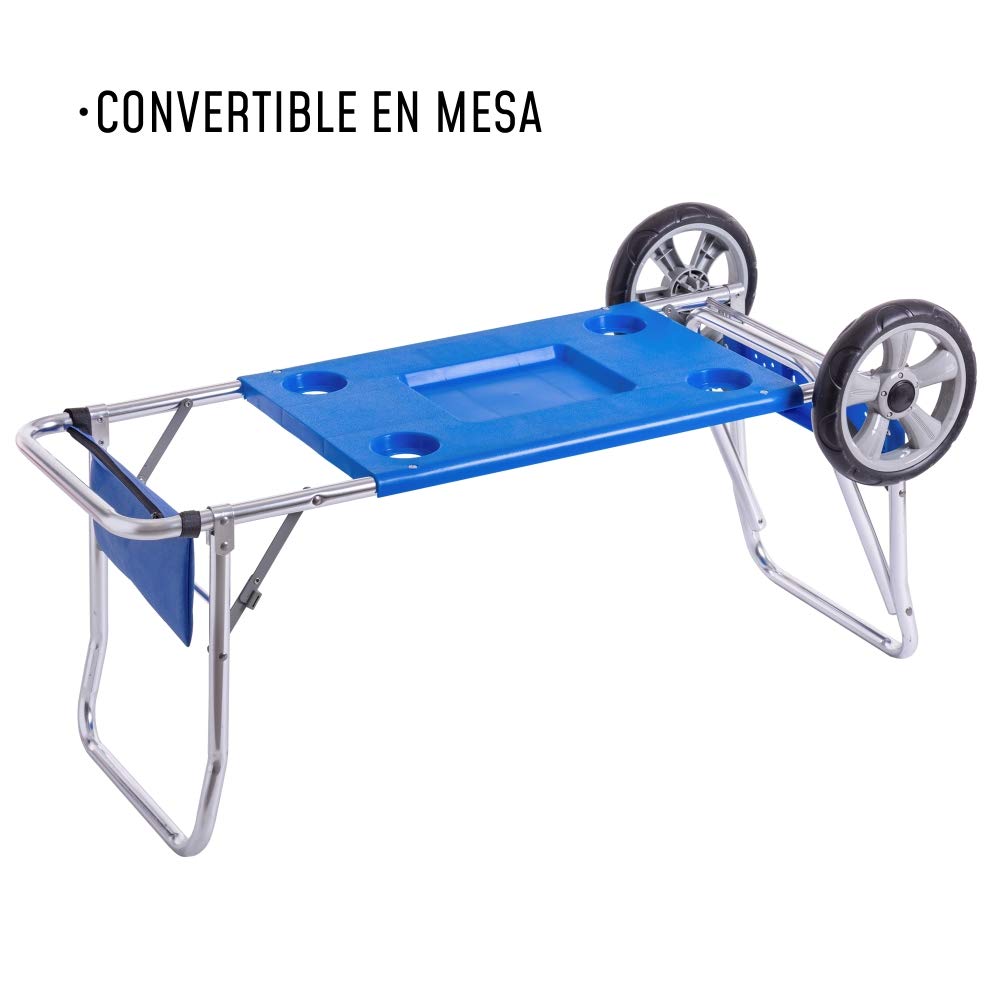 LOLAhome Reforzado Carro portasillas con Brazo Porta Nevera rígida y Convertible en Mesa de Aluminio y PVC Azul de 45x50x105 cm