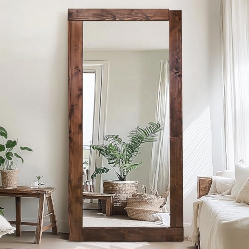 Image of 71x32in Full Length Mirror, Solid Wood Convex Frame, Brown