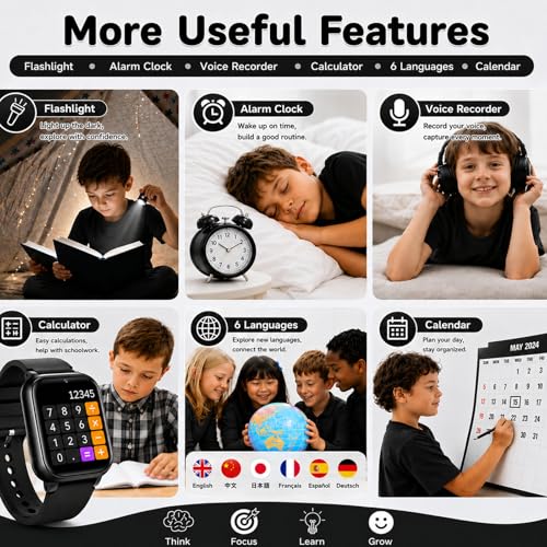 Image of Smart Watch for Kids, Girls Boys Smartwatch with 26 Games Camera Video Recorder and Player, Pedometer Calendar Flashlight, Audio Book etc., Gifts for 4-12 Years Children (Black) | 26 Games, HD Touch Screen, Video Camera, Music Player, Alarm