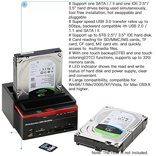 KKmoon Multifunctional External HDD Hard Drive Docking Station Card Reader USB3.0 Hub with OTB/OTC Offline Clone/Duplicator 2.5"/ 3.5" USB 3.0 to 2 SATA Ports 1 IDE Port US Plug 6TB