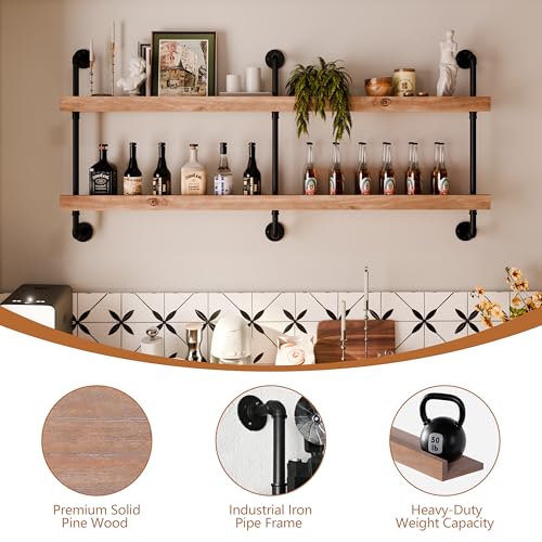 Image of Bar Shelves, Wall Mounted Wine Rack, Weathered Brown, 60 Inch | 2 Tier, Industrial style, Solid pine shelves, black pipe brackets, 70 lbs per shelf, wine, liquor, bar decor