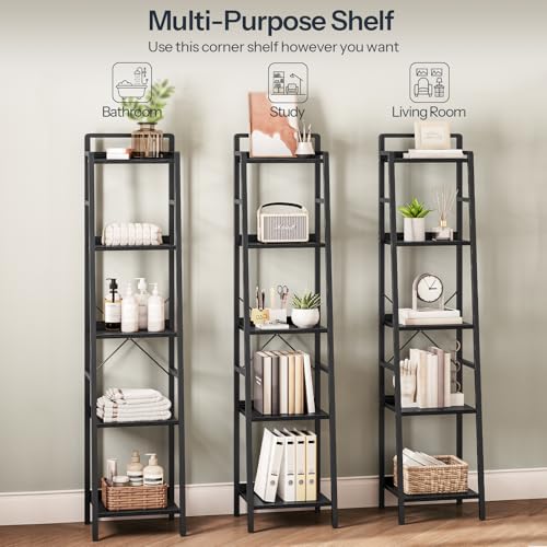 HOOBRO-5-Tier-Ladder-Shelf-Narrow-Bookshelf-Industrial-Bookcase-Skinny-Bookshelf-for-Small-Spaces-Corner-Storage-Shelf-for-Home-Office-Living-Room-Black-BB35SJ01 - Urban Country Home Decor HOOBRO-5-Tier-Ladder-Shelf-Narrow-Bookshelf-Industrial-Bookcase-Skinny-Bookshelf-for-Small-Spaces-Corner-Storage-Shelf-for-Home-Office-Living-Room-Black-BB35SJ01