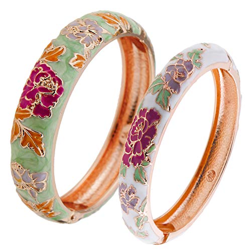 UJOY Cloisonne Couple Colors Bracelets Golden Sunflower Enameled Spring Hinged Cuff Bangles Girls Womens Gifts Jewelry 55C48 green white