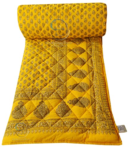 Image of Jaipuri Razai Single Bed Gold Print with Computerized Quilting Use as Soft and Breathable Cotton Comforter Quilt Rajai Blanket Dohar Size 55X85 inch Yellow Pack of 1