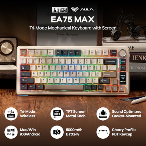 Image of EPOMAKER X Aula EA75 MAX Wireless Gaming Keyboard with Screen & Knob, 5000mAh, Hot-Swap, Lubed Switches, RGB Backlit, Creamy Gasket, 75% Mechanical Keyboard (Retro White, Silent Cotton Candy Switch)