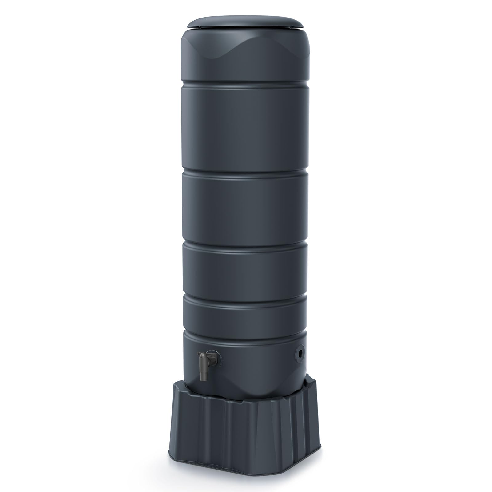 Regentonne rund Regenwassertank Standard rund Komplett-Set mit 110 Liter Volumen in der Farbe anthrazit ist aus UV- und witterungsbeständigem Material mit kindersicherem Deckel