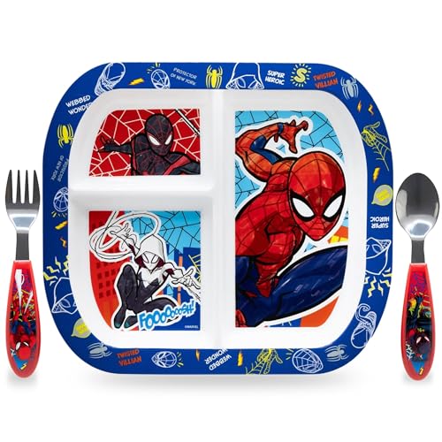 Sorrisini Vaisselle Réutilisable Spiderman, Assiettes Divisées 3 Pièces, Set Sevrage pour enfant, Assiette et Couverts en Acier Inoxydable, Vaisselle en Plastique Réutilisable et Microndable, sans BPA