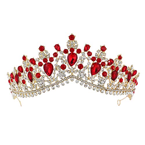 Lurrose Gioielli per capelli corona corona di cristallo rosso tiara oro strass per matrimoni Prom