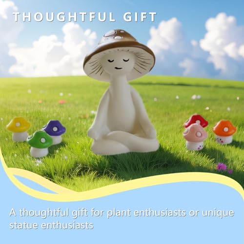 Estatua de hombre hongo meditando con 6 hongos coloridos miniatura 6