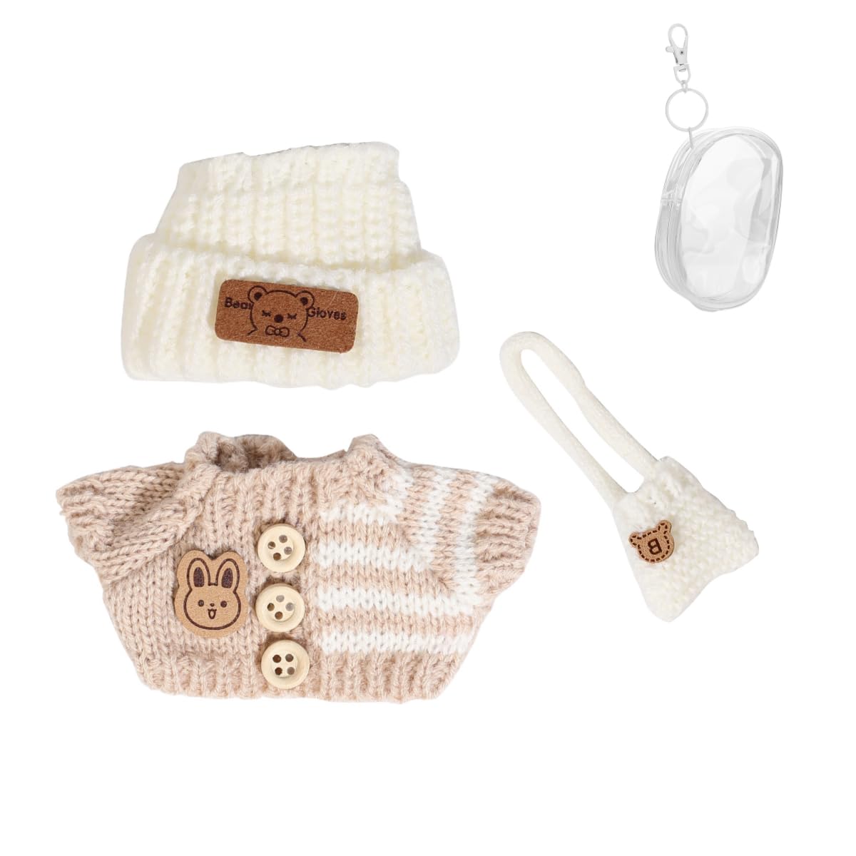 Clothes Set for 17cm Doll, Hat Suit Ornaments Accessories Set for Any 17cm/6.7inch Doll[With Clothes Storage Bag] (White Hat/Rice Jacket/White Bag)