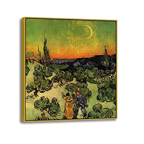 Toile murale abstraite Van Gogh couple et lune avec cadre doré 50x55cm