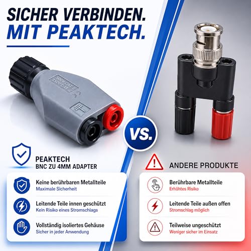 PeakTech 7055 BNC Adapter auf 4mm Bananenstecker Buchsen, Zubehör für Oszilloskope, Signalgenerator, Frequenzzähler und Stromzangen mit 4mm Messleitung, voll isoliert, P 7055