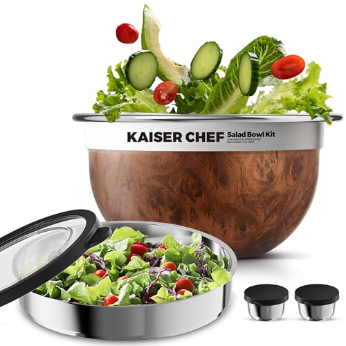 Kaiser chef Salad Bowl Kit 74oz,Salad Container For Lunch,18/8 Stainless Steel,Salad Bowl With Lid, Includes 1.7oz Condiment Container and Removable Tray,Leak-Proof, Easy to Clean (Wood)
