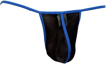 Rave Mesh Mens Stretch Net G-String Underwear - Black with Blue Trim - Small
