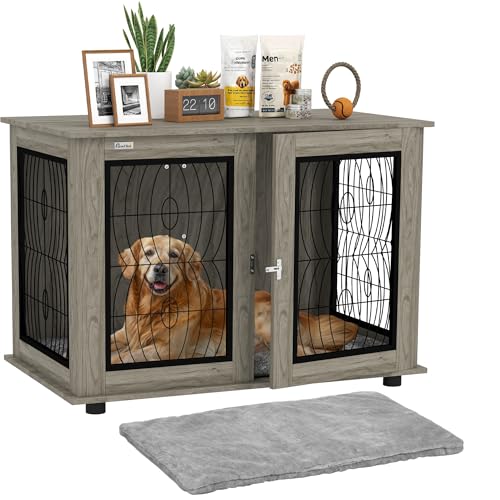 PawHut Dog Crate Furniture, Dog Cage with Soft Washable Cushion, Furniture-Style Pet Kennel Indoor House End Side Table for Small Medium Large XL Breeds, 118 x 75 x 82 cm, Grey