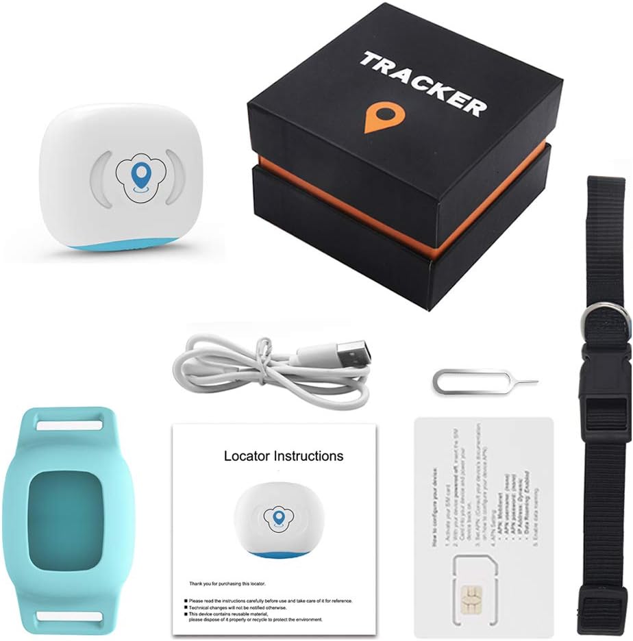 BARTUN Pet GPS Tracker FP03 package contents including tracker, collar, charging cable, SIM card, and instructions.