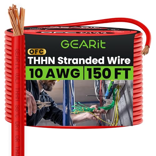 Image of GEARit Stranded THHN Wire (10 Gauge, 150 Feet) 100% OFC Electrical Building Wire, Rated for Up to 600 Volts, Single Conductor, Nylon Jacket, UL Listed/RoHs Compliant - Red, 150ft