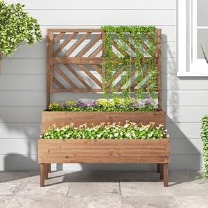 Raised Garden Bed with Trellis 2 Planter Boxes 2 Tier Outdoor Wooden Elevated Planter Box with Legs Drainage Holes Gardening Planter for Flowers Herbs Vegetables FruitsBrown