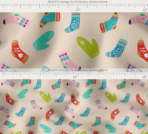 Image of Soimoi White Cotton Canvas Fabric Socks & Gloves Folk Art Print Sewing Fabric Meter 56 Inch Wide