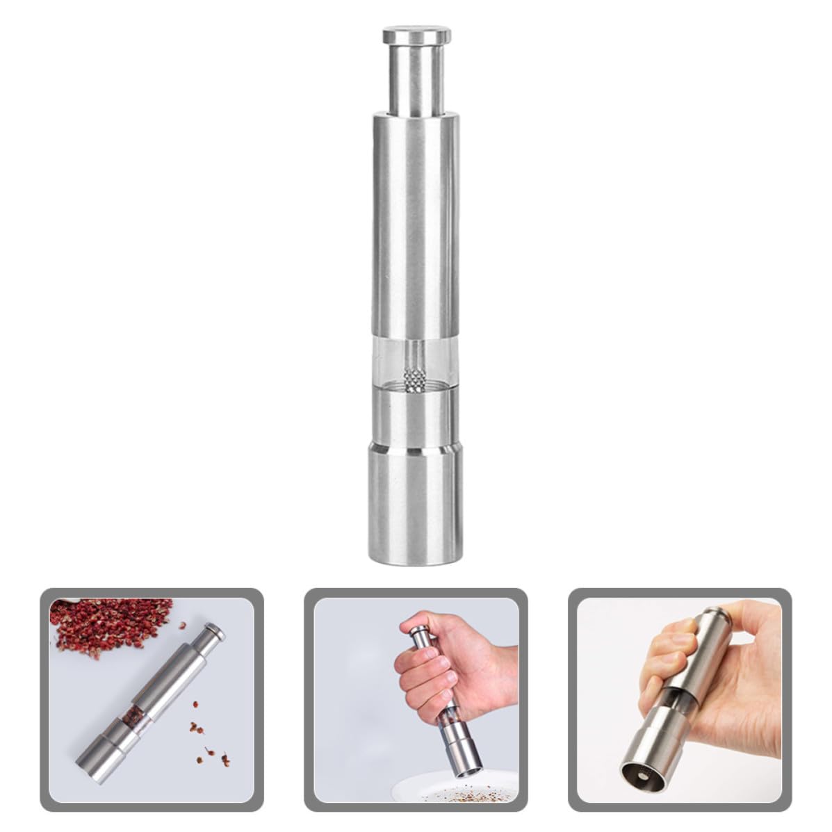 Cabilock 5 Pezzi Macina Pepe Manuale in Acciaio Inox, Pressa a Mano | Ricaricabile per Pepe e Spezie, Uso Casa e Hotel, Finitura Argento, Macinatura Versatile