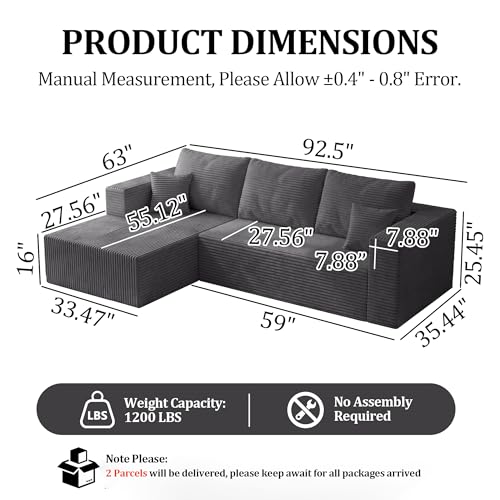 Image of 92.5 inch Modualr Sectional Sofa, L-Shaped Corduroy Cloud Couch with Chaise, Upholstered Boneless Couches for Living Room Bedroom, No Assembly Required - Grey(Left Facing Chaise)