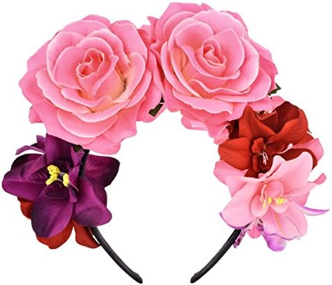 DreamLily Day of The Dead Headband Costume Rose Flower Crown Mexican Headpiece BC40 (Mexican Festival Crown Pink)