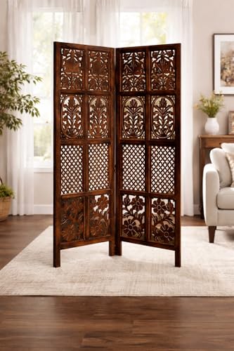 Image of Wooden Room Divider | MDF Privacy Screen Partition | Freestanding Folding Floor Panel | Decorative Carved Handicraft Separator for Living Room, Bedroom & Office (Brown, 5 feet 2 Panels)