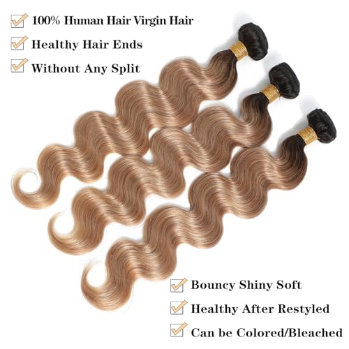 Image of 16A Ombre Body Wave Bundles Human Hair (T1B /27,26 inch 28 inch 30 inch) Brazilian Ombre Brown Human Hair 3 Bundles Deals 100% Unprocessed Virgin Brazilian Body Wave Hair Weave Bundles
