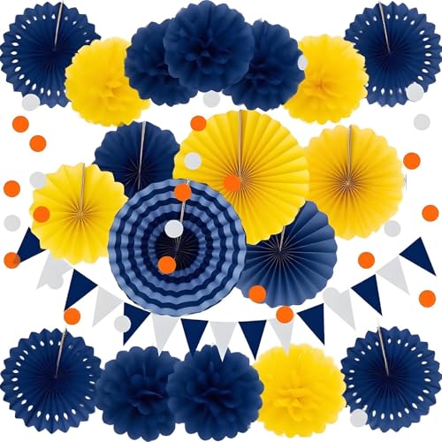 Image of XIKSXITN 12 pc Blue Yellow Tissue Paper Pom poms-Hanging Paper Pom Poms Paper Flowers Ball for Party Decorative(8&10&12 inch)