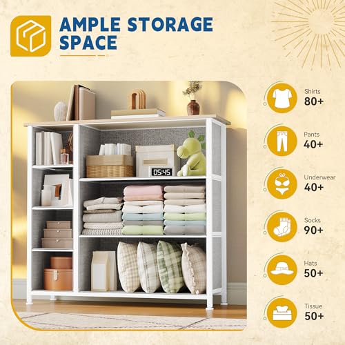 DWVO Dresser for Bedroom, 7 Drawers Fabric Dresser, Organizer Unit for Living Room, Hallway, Closets - Sturdy Steel Frame, Wooden Top & Easy Pull Fabric Bins, Light Gray
