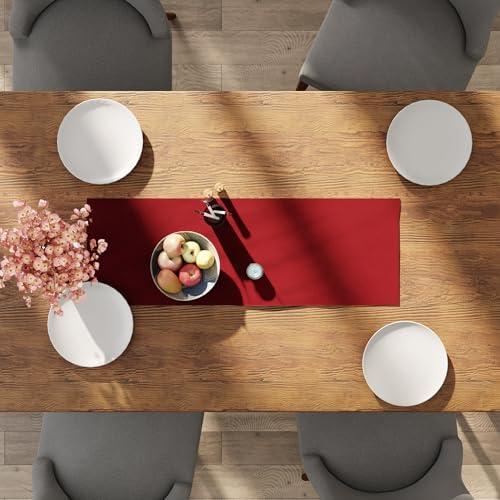 Image of Encasa XO Table Runner for 4 Seater | Cotton Canvas Fabric | Size 13x36 in | Deep Red Solid Color | Machine Washable & Durable