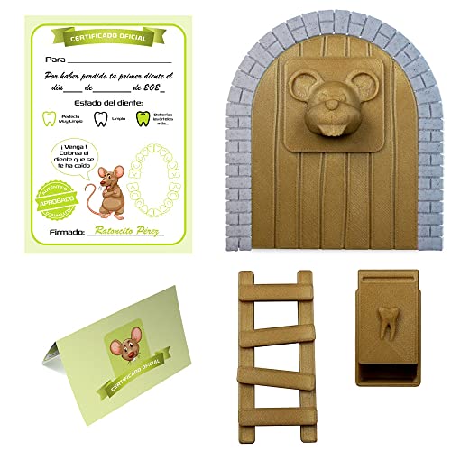 Casa Raton Pérez, Caja para el Diente, Escalera, 4 certificados de Diente Limpio. Regalo Original para niño y niña. Marron Cover
