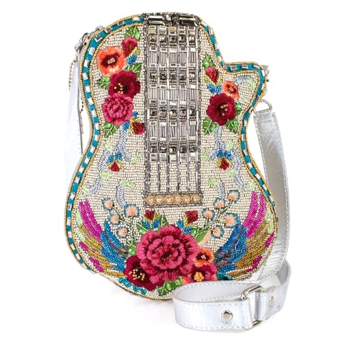 Mary Frances Metallic Melody Beaded Crossbody Handbag Guitar-Shaped Novelty Evening Purse, Silver
