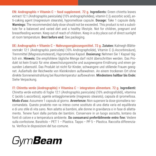 GymBeam Andrographis Paniculata - Andrographis Extrakt + Vitamin C Kapseln, unterstützt Immunsystem & Psyche, standardisiert auf 10% Andrographolide, vegan & antioxidativ, 90 Kapseln