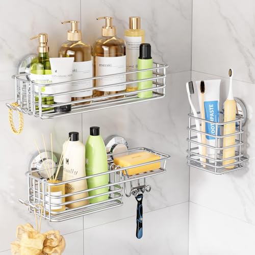 Image of LEVERLOC Shower Caddy Suction Cup, 3 Pack Heavy Duty Bathroom Organizer for Inside Shower with Hooks & Soap Holder, Removable Bathroom Organizer, Rustproof Silver Holder Storage Storage,Silver