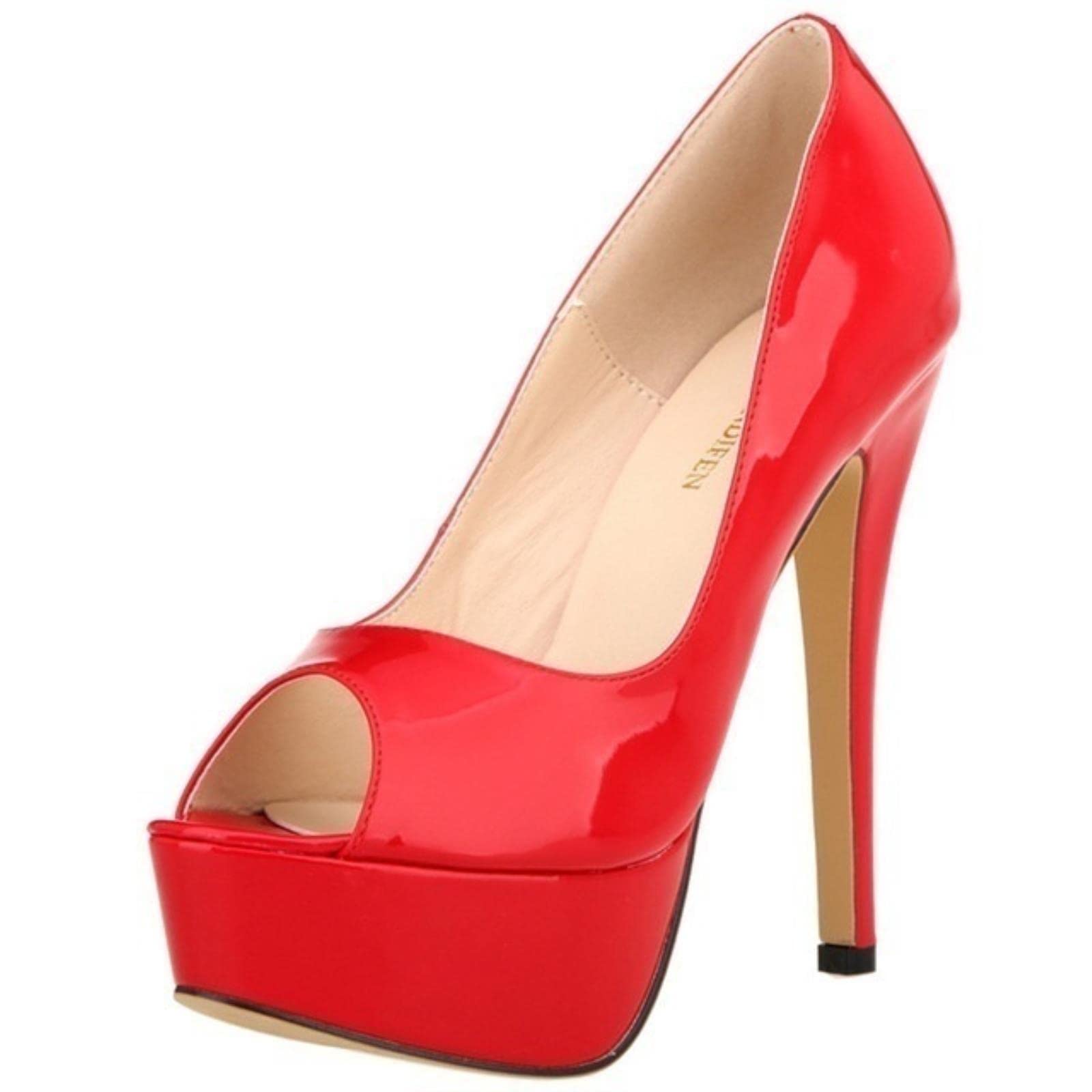 QIANKUN Sexy Open Toe Platform Women High Heels Super High Patent Leather High Heels Shoes Red Wedding Stilettos-Red,35